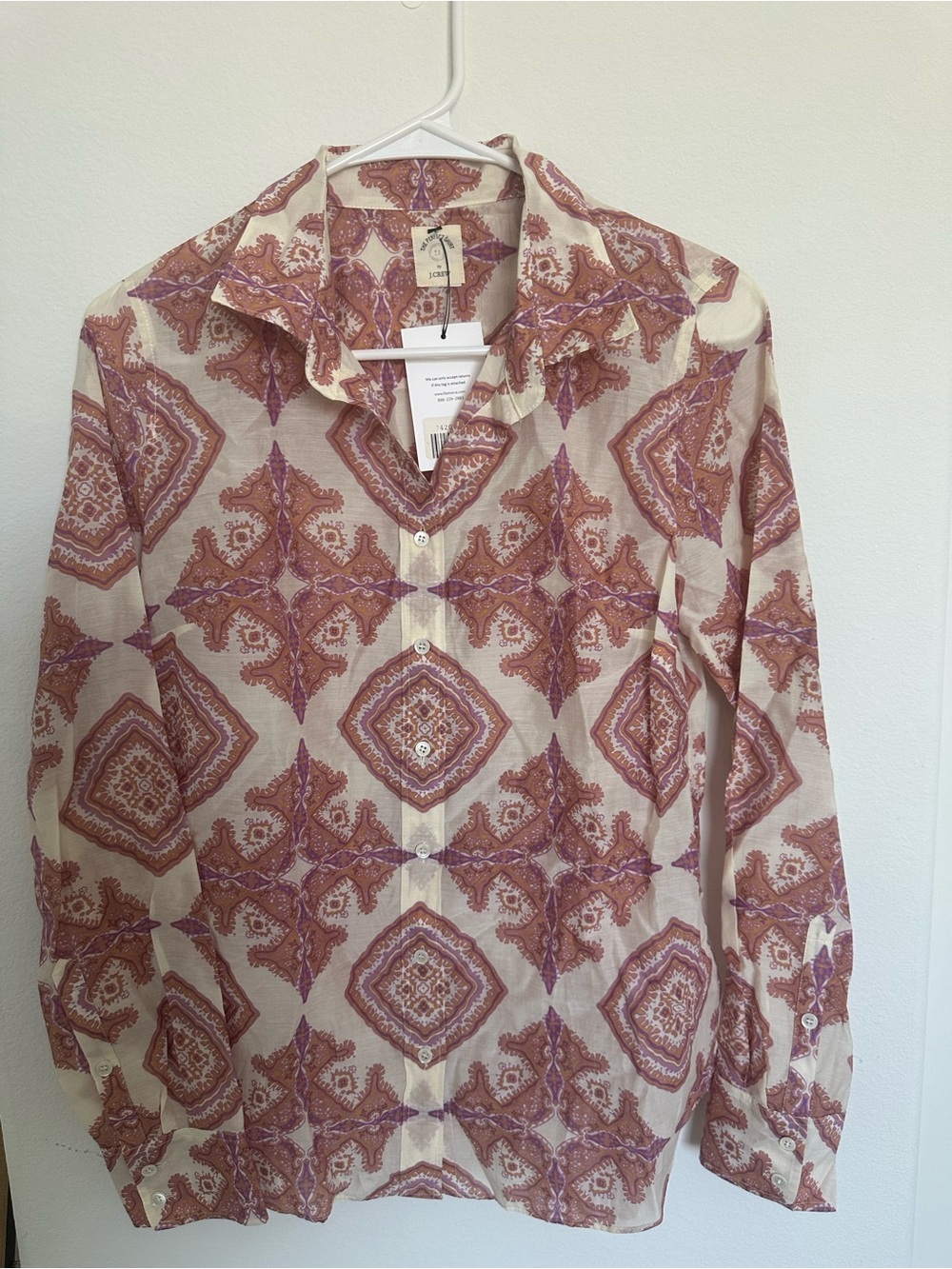 J. Crew vintage Beige Button-Down Shirt with Rust and Mauve Medallion Print